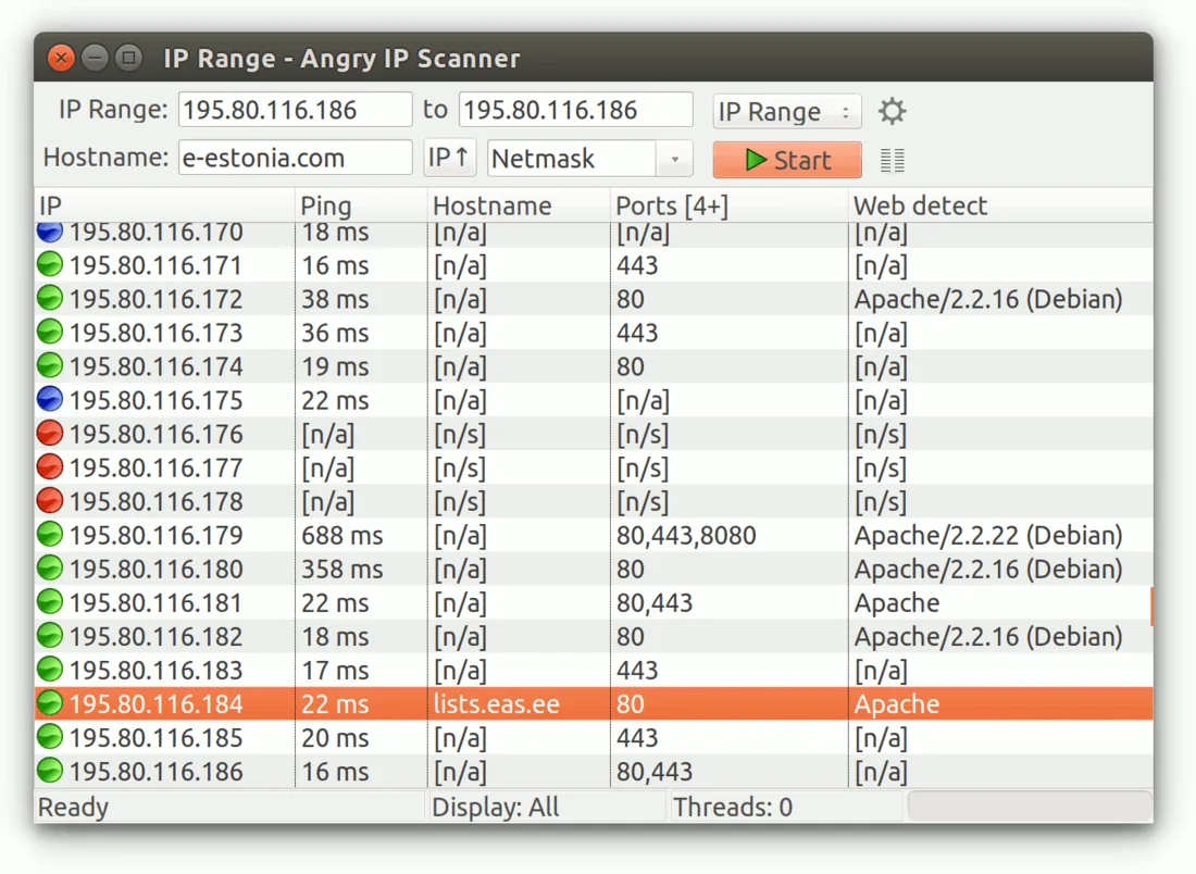 Angry IP Scanner running on Ubuntu Linux with the GTK interface