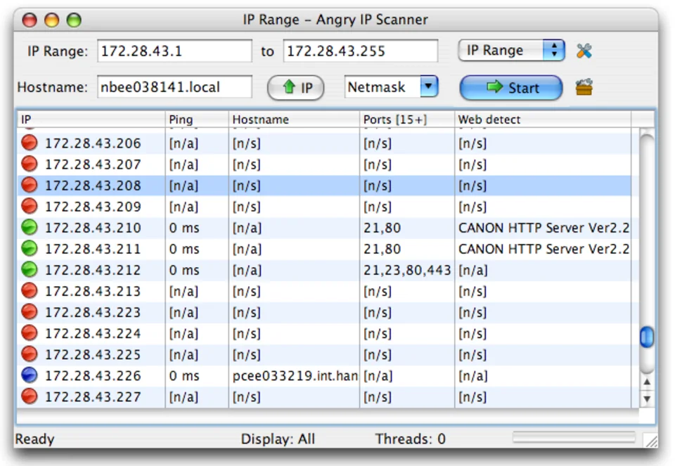 Angry IP Scanner running on macOS, scanning the 172.28.43.x range with Canon HTTP Server banners detected on two hosts