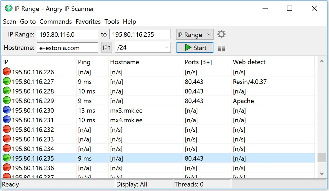 Angry IP Scanner 3.9 on Windows 10: IP range 195.80.116.0 to 195.80.116.255 scanned, results table showing IP, Ping, Hostname, Ports and Web detect columns