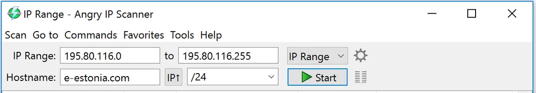 Angry IP Scanner toolbar close-up: IP Range fields, range type selector, Hostname field, IP up button, netmask dropdown set to /24 and the green Start button