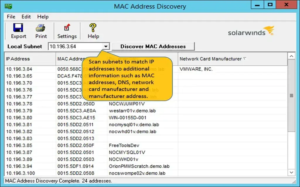 SolarWinds MAC Address Discovery window showing the Local Subnet field, Discover MAC Addresses button and a results table of IP addresses, MAC addresses, DNS names and network card manufacturers including VMWARE, INC.