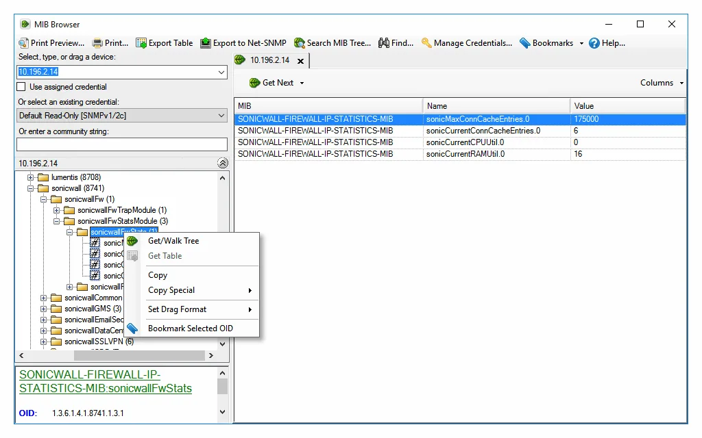 SolarWinds MIB Browser with a device selected, credential set to Default Read-Only SNMPv1/v2c, an expanded SonicWall MIB tree, a right-click menu offering Get/Walk Tree and Bookmark Selected OID, and a results table of MIB, Name and Value columns