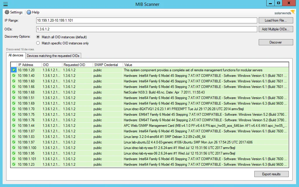 SolarWinds MIB Scanner scanning IP range 10.199.1.20-10.199.1.101 for OID 1.3.6.1.2, results table listing IP address, OID, requested OID, SNMP credential public and value strings describing Windows and Linux system versions