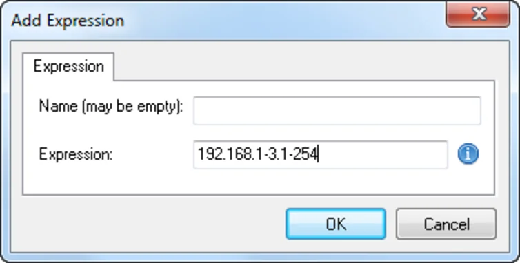 Add Expression dialog containing the expression 192.168.1-3.1-254