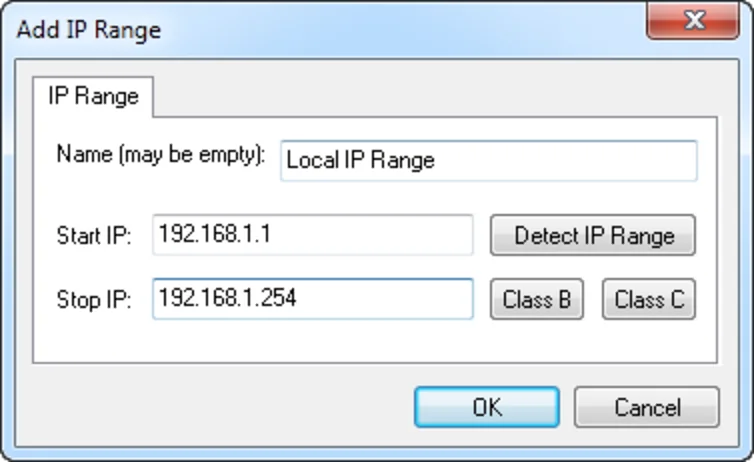 Add IP Range dialog with Name field set to Local IP Range, Start IP 192.168.1.1, Stop IP 192.168.1.254 and the Detect IP Range, Class B and Class C buttons