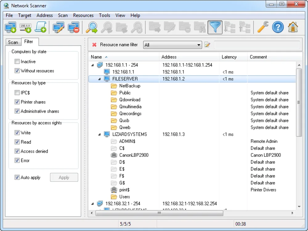 Network Scanner with the Filter tab open: Computers by state, Resources by type and Resources by access rights checkbox groups on the left, filtered resource tree on the right, status bar showing 5/5/5 and elapsed time 00:38