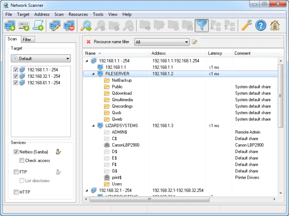 LizardSystems Network Scanner main window: left panel with three target IP ranges and the Netbios (Samba), FTP and HTTP service checkboxes; right panel tree showing FILESERVER and LIZARDSYSTEMS hosts expanded into shared folders, administrative shares and a Canon printer
