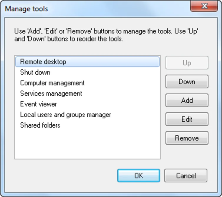 Manage tools dialog listing Remote desktop, Shut down, Computer management, Services management, Event viewer, Local users and groups manager and Shared folders, with Up, Down, Add, Edit and Remove buttons