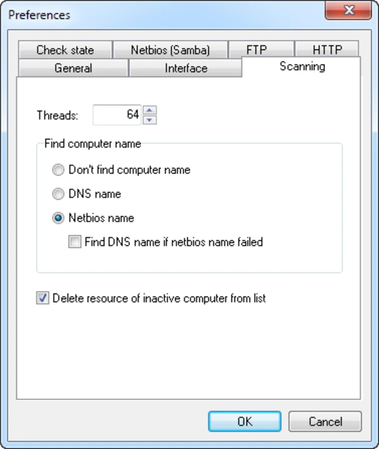 Preferences dialog on the Scanning tab: Threads set to 64, Find computer name options Don't find computer name, DNS name and Netbios name, and the Delete resource of inactive computer from list checkbox